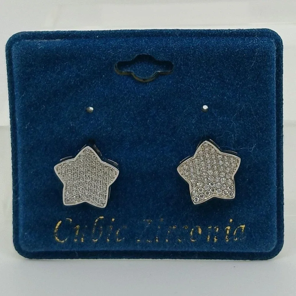 Vintage 1990s Silver Tone Cubic Zirconia Star Stud Micro Pave Earrings Deadstock